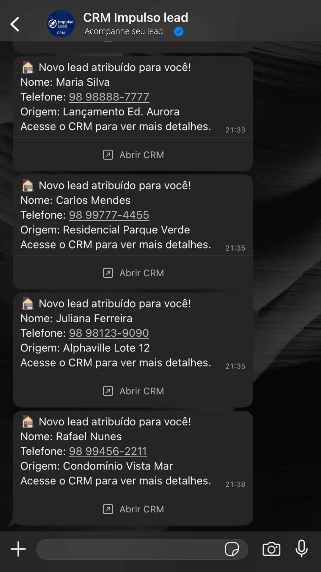 Notificação de novo lead recebida no WhatsApp do corretor pelo ImpulsoLead